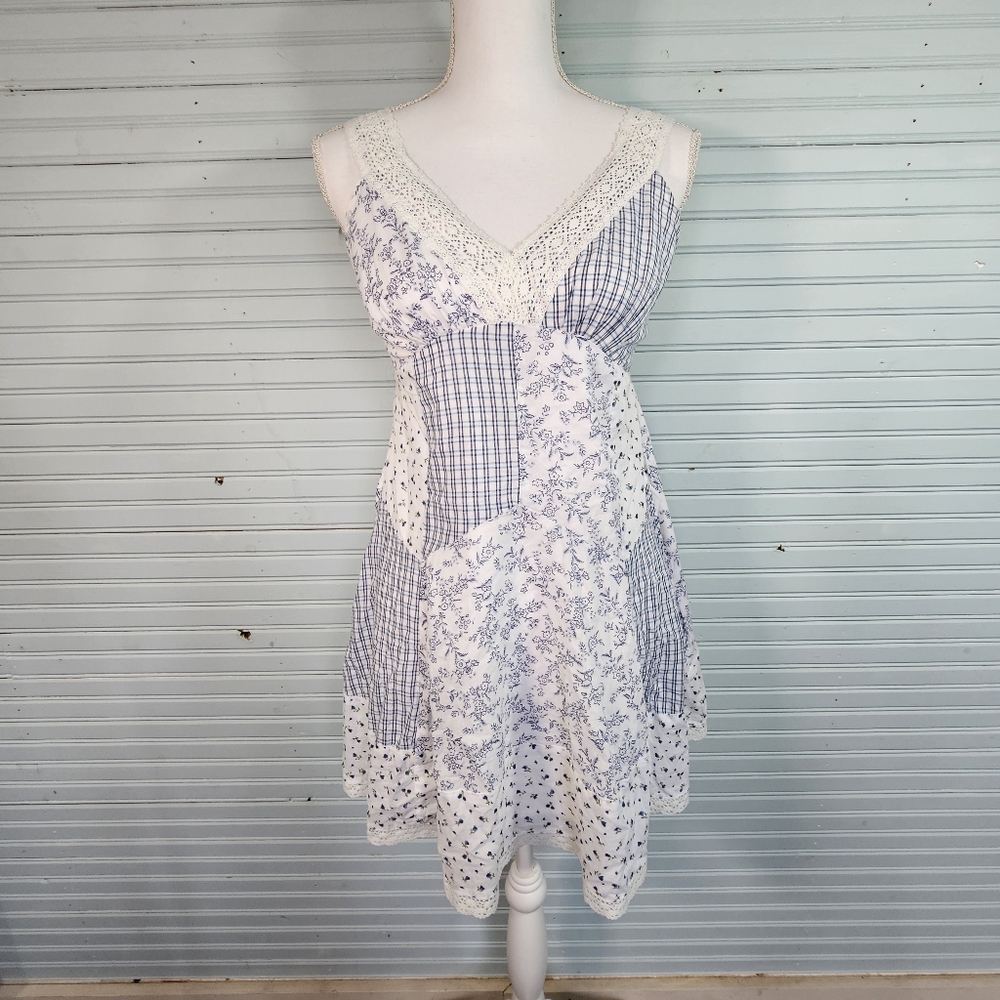 White & Light Blue Patchwork Lace-Trim Sundress - Picture 3 of 14
